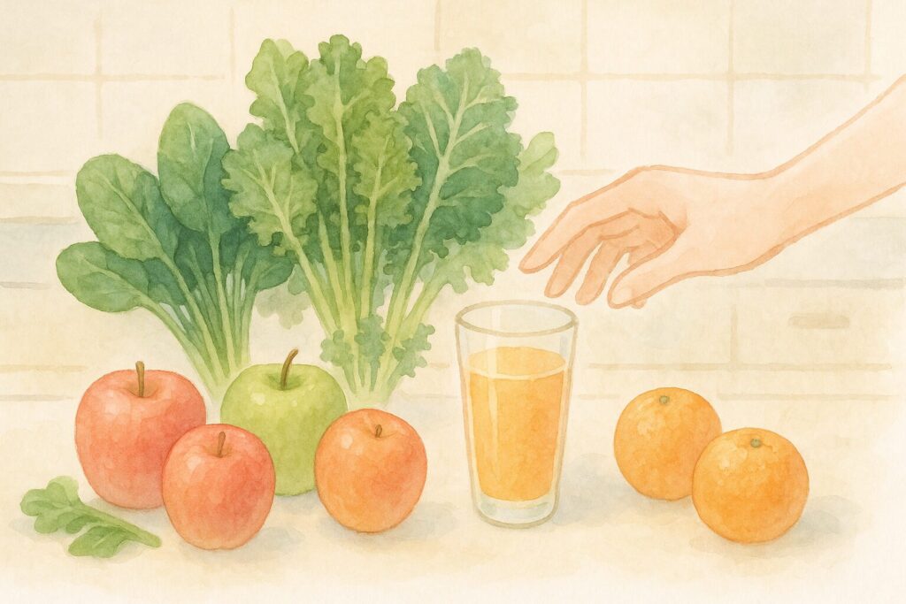 野菜と果物が豊富に並べられたキッチンで、手軽に健康的な食材を選ぶ様子を描写。