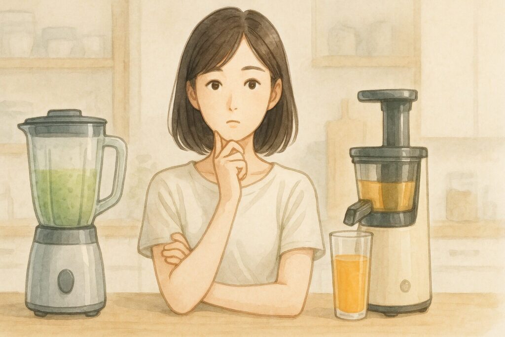 自宅でスムージーやジュースを作るために、ミキサーとジューサーを検討する女性。