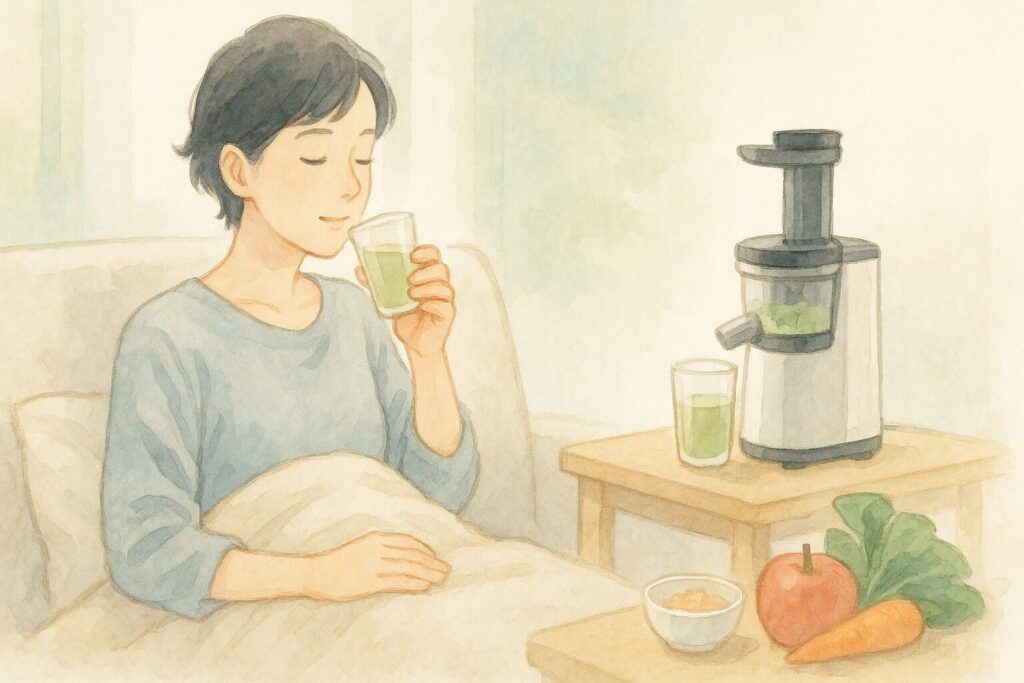 休息中の日本人が澄んだ野菜ジュースを少量飲み消化のしやすさを表現した水彩画風イラスト。