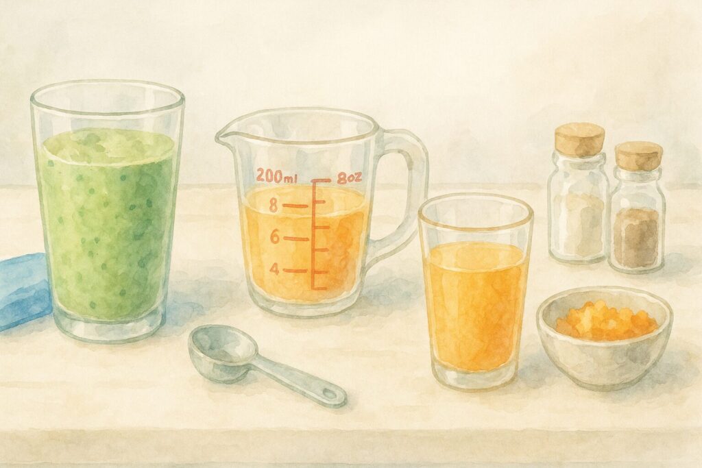 スムージーとジュースのそばに計量カップや搾りかすを置き注意点を暗示する水彩画風イラスト。