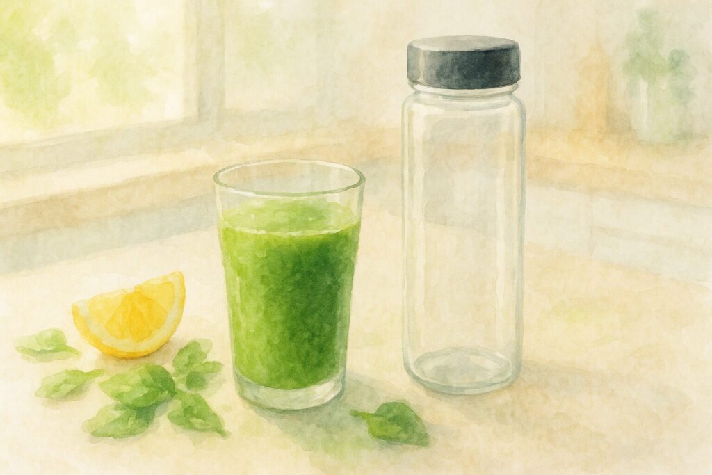 日当たりの良いキッチンで、グラスに入ったスムージーと持ち運び用ボトル、レモンが置かれている水彩画風イラスト。