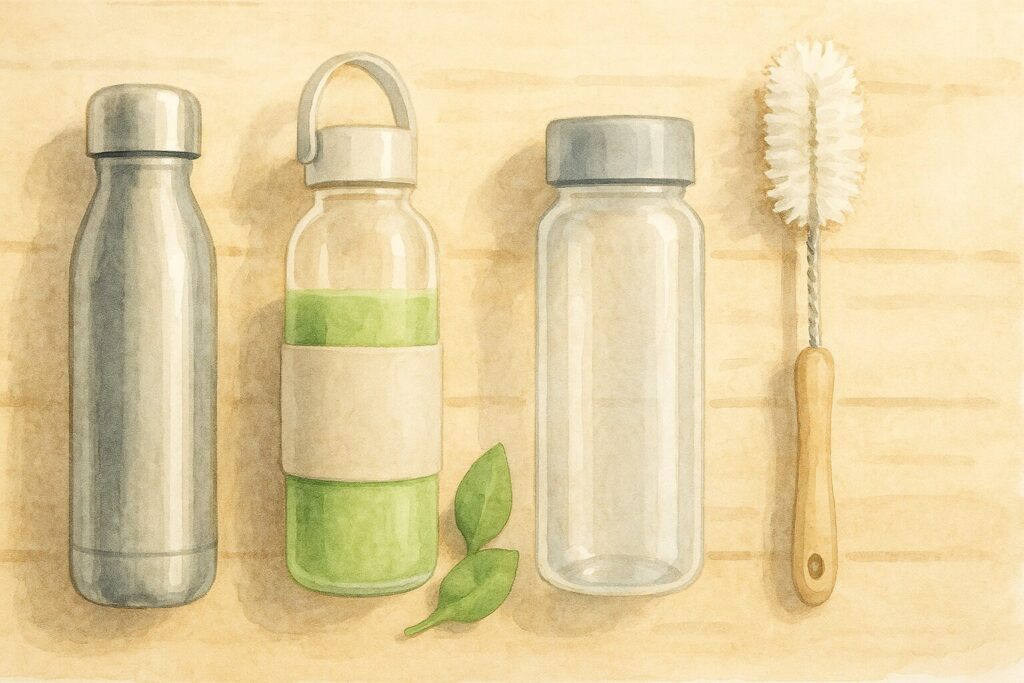 木製のテーブルに、ステンレス製・ガラス製・プラスチック製の様々なスムージーボトルと洗浄ブラシが並んだ水彩画風イラスト。