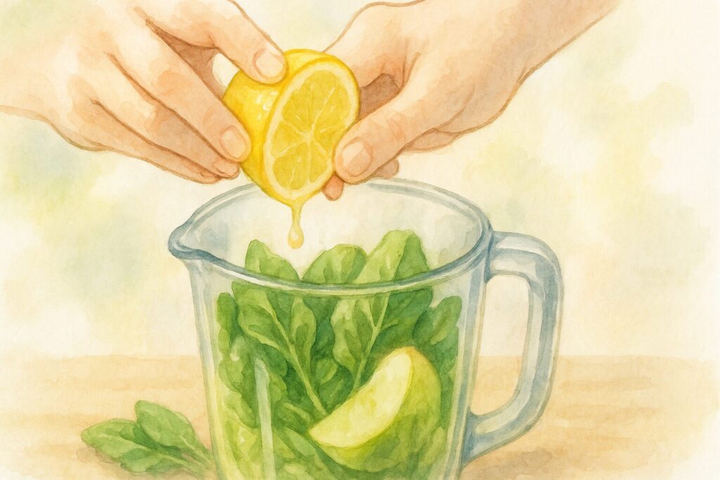 スムージーの変色を防ぐため、緑の野菜や果物が入ったミキサーにレモンを絞っている手元を描いた水彩画風イラスト。