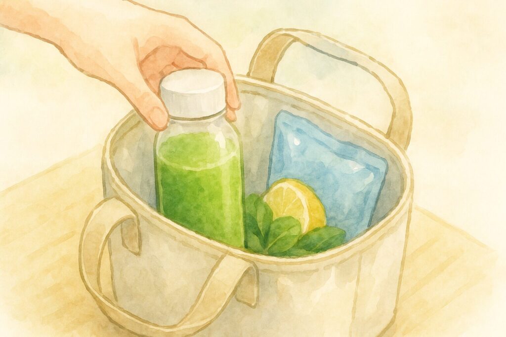 スムージーの鮮度と安全を保つため、ボトルを保冷剤と共に保冷バッグへ収納している様子の水彩画風イラスト。