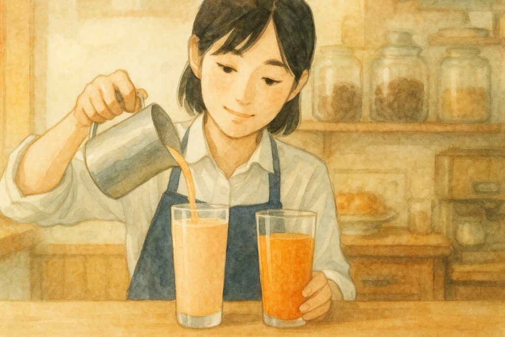 レトロな喫茶店でバリスタが丁寧にミックスジュースを注ぐ様子を描いたイラスト。