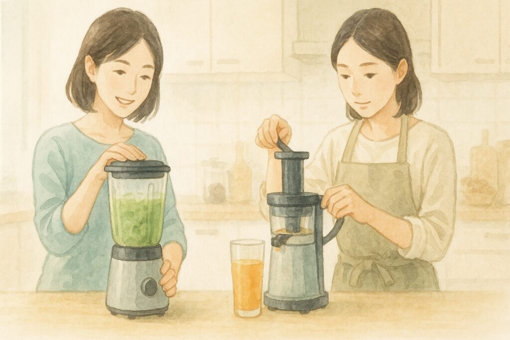 異なる調理器具(ミキサーとジューサー)を使ってドリンクを作る二人の女性。