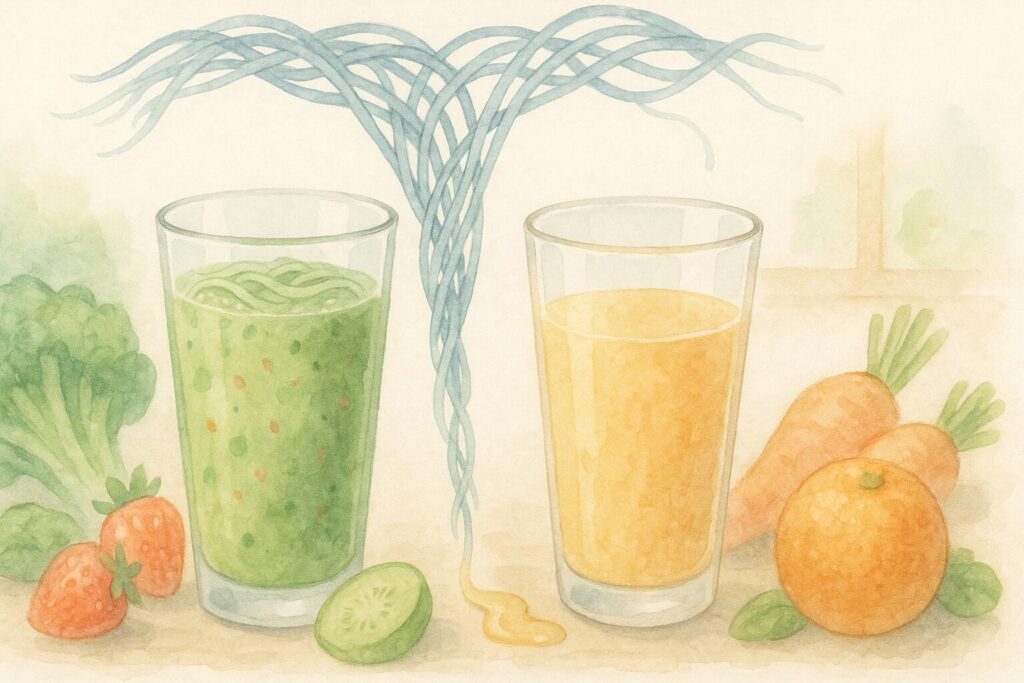 食物繊維がスムージーには残り、ジュースからは取り除かれる様子を概念的に描いたイラスト。