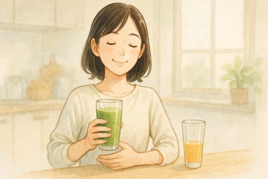 スムージーを飲んで満腹感を感じている女性と、対照的なジュースグラスを描いたイラスト。