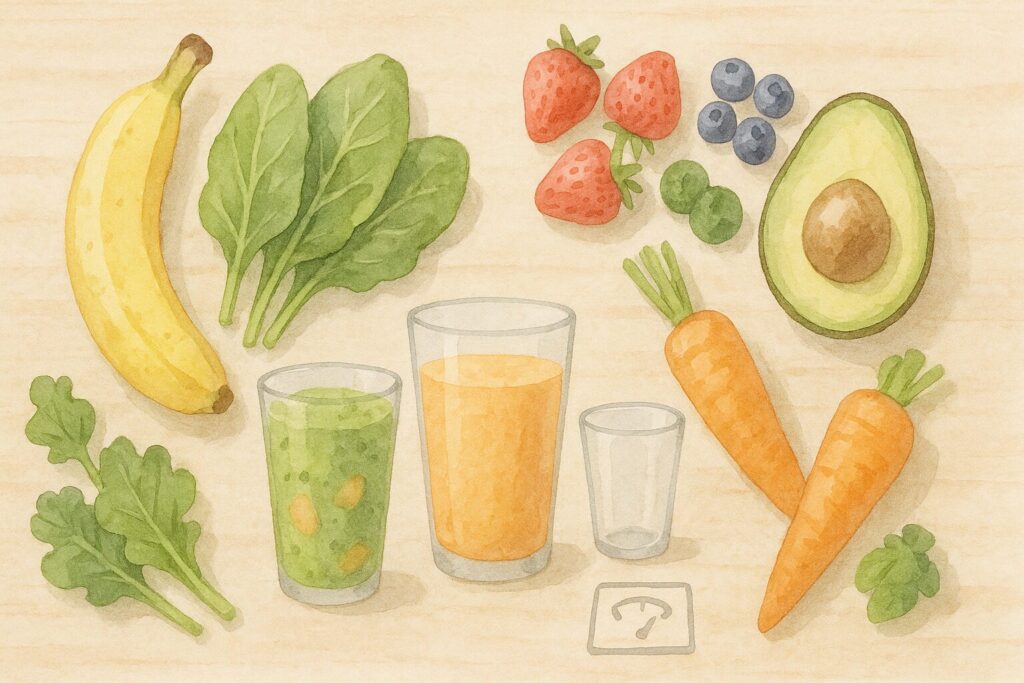 カロリーの多様性を示す、多種多様なフルーツと野菜が並べられた様子を描いたイラスト。