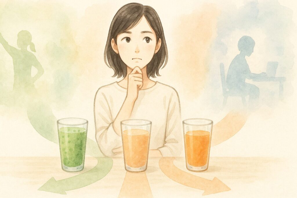 自分の目的に合わせてスムージー、ミックスジュース、ジュースの中から選ぶ女性。