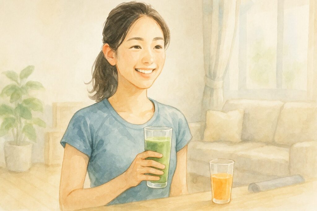 ワークアウト後にスムージーを飲んでリフレッシュする日本人女性のイラスト。