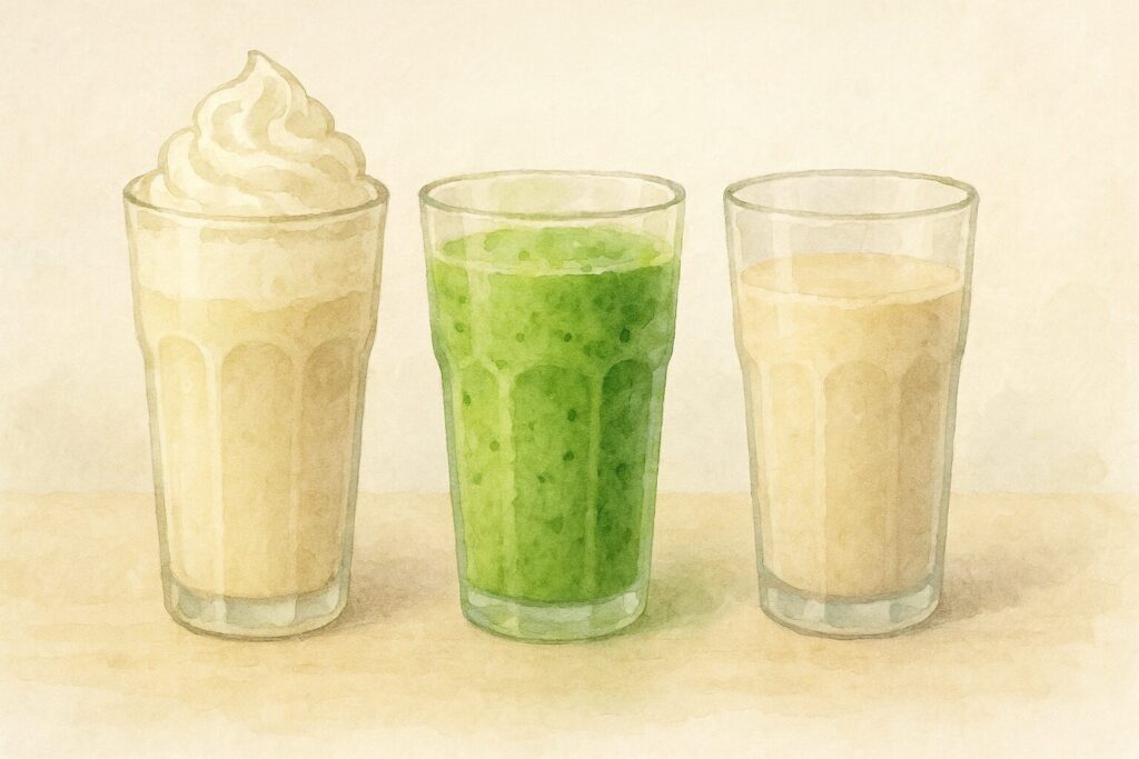 ミルクシェイク、グリーンスムージー、プロテインシェイクの3種類の飲み物を比較するイラスト。