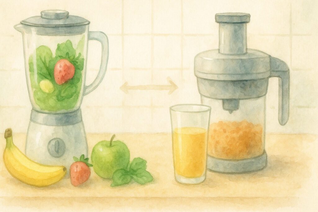 ブレンダーとジューサー、材料と搾りかすの配置で違いを示す日本のキッチン比較イラスト。