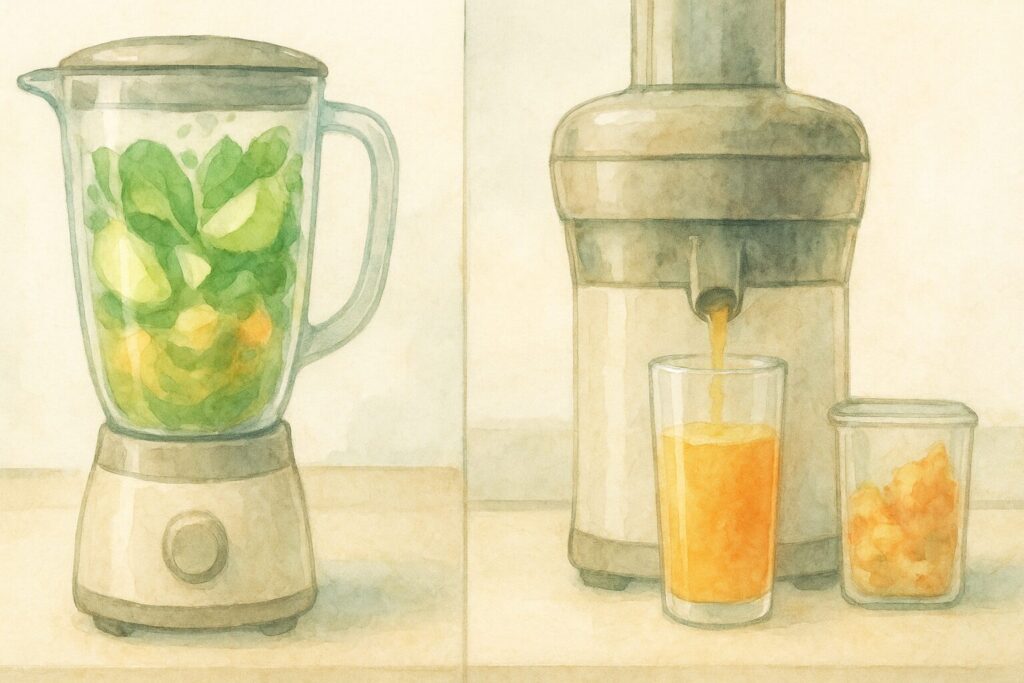 ブレンダーの攪拌とジューサーの搾り分離を左右で示した水彩画風の比較イラスト。