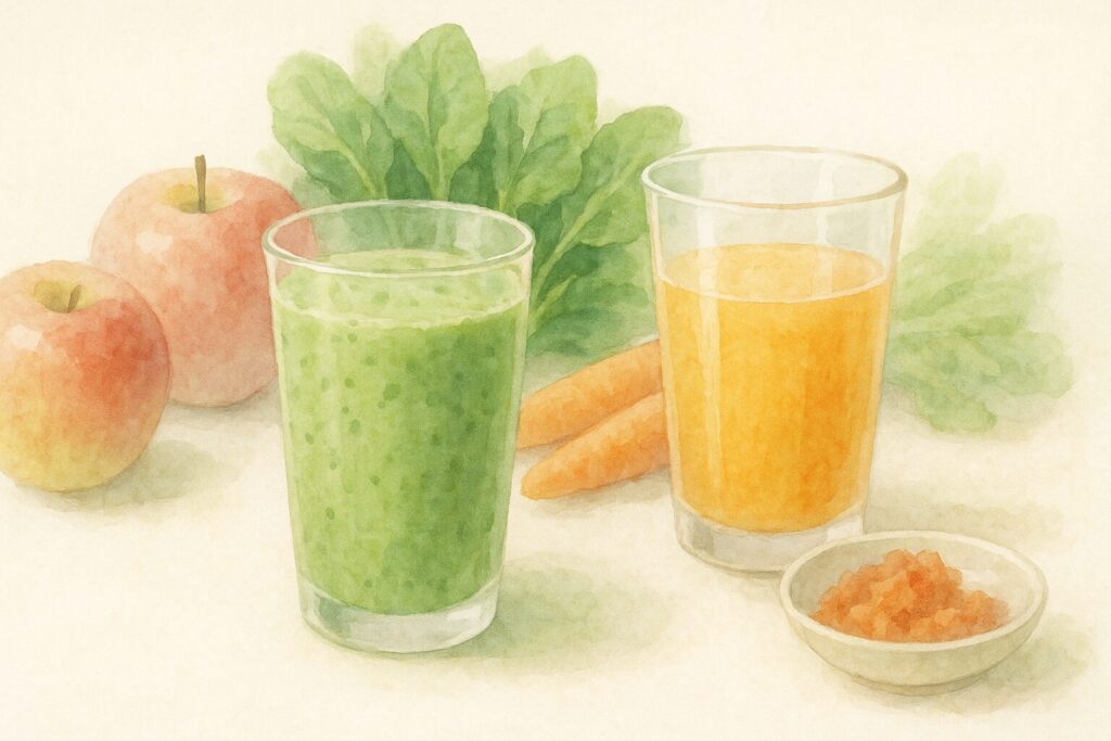 粒感のあるスムージーと澄んだジュース、横に搾りかすを置き繊維差を示す静物イラスト。