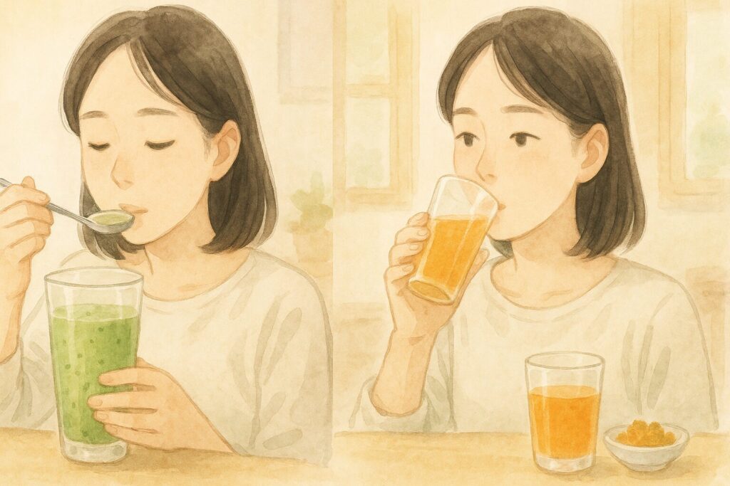 日本人がスプーンでスムージー、グラスでジュースを味わい口当たりの違いを表すイラスト。