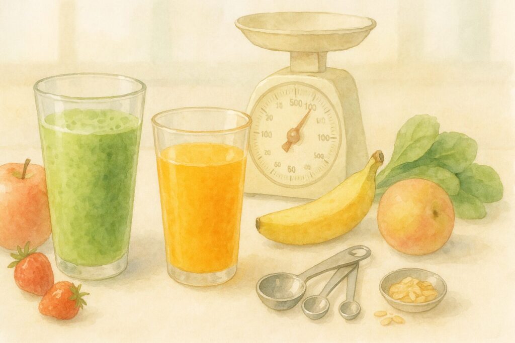 グラスとキッチンスケール・計量スプーンでカロリーや糖質配慮を暗示する水彩画風イラスト。