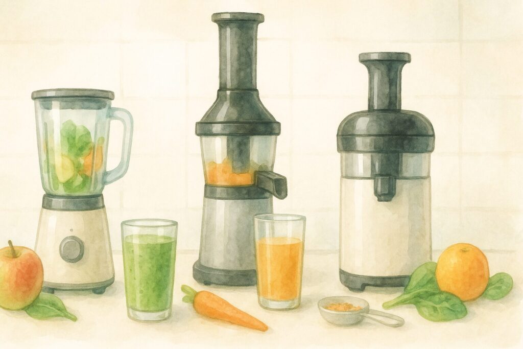 ブレンダー・スロージューサー・高速ジューサーを並べ用途の違いを示す日本の台所イラスト。