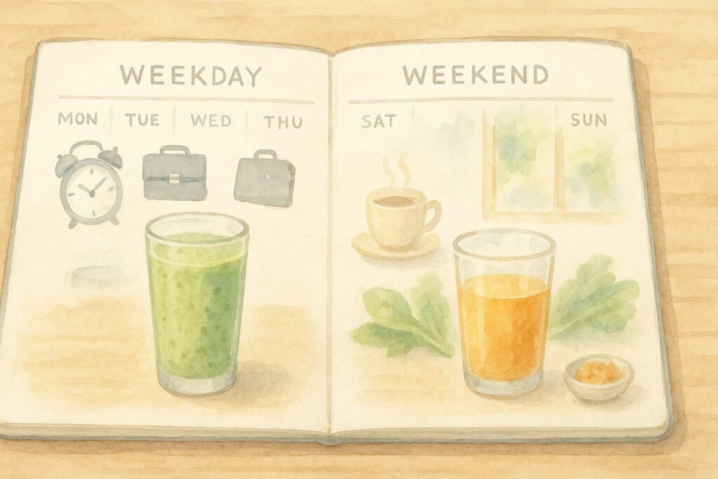週間プラン上で忙しい日はスムージー、余裕ある日はジュースを連想させる水彩画風イラスト。