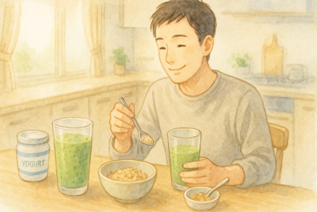 日本人がヨーグルトやオートミールを加えたスムージーで腹持ち重視の朝食を楽しむイラスト。