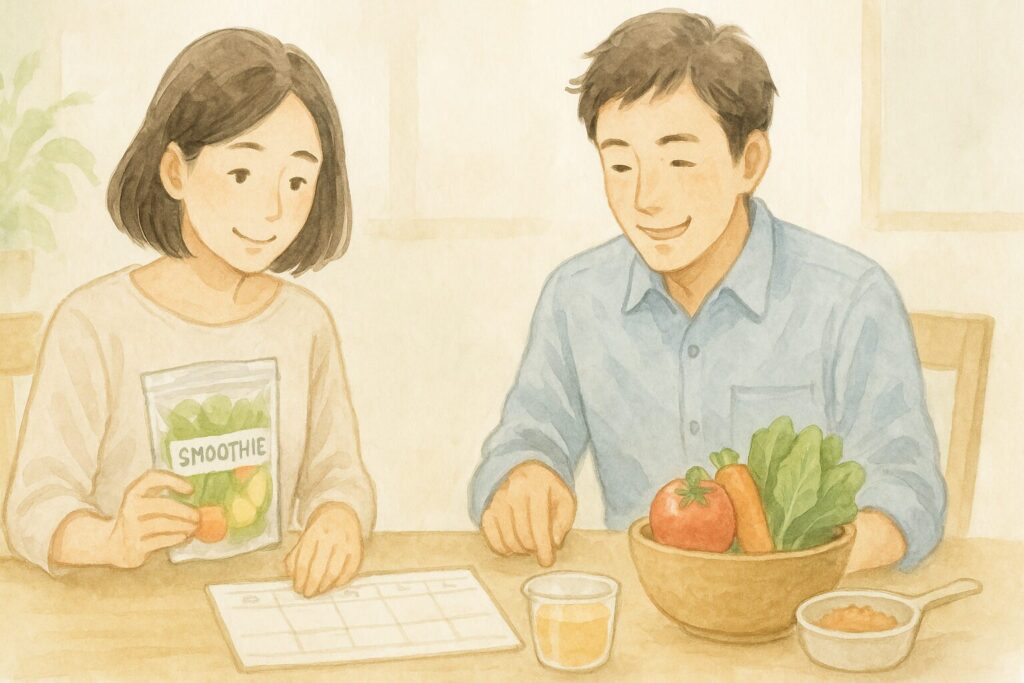 生活リズムに合わせスムージー派とジュース派を分けて準備する日本人の水彩画風イラスト。