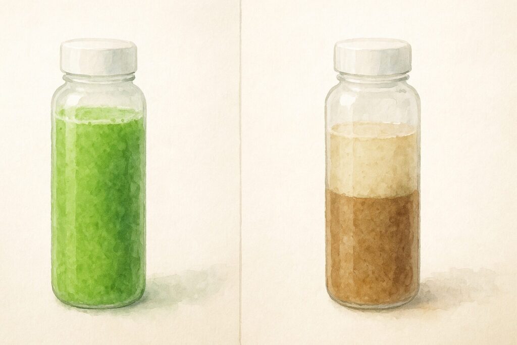 時間が経過し、作りたての鮮やかなスムージーが、茶色く変色して分離してしまった様子の比較を描いた水彩画風イラスト。