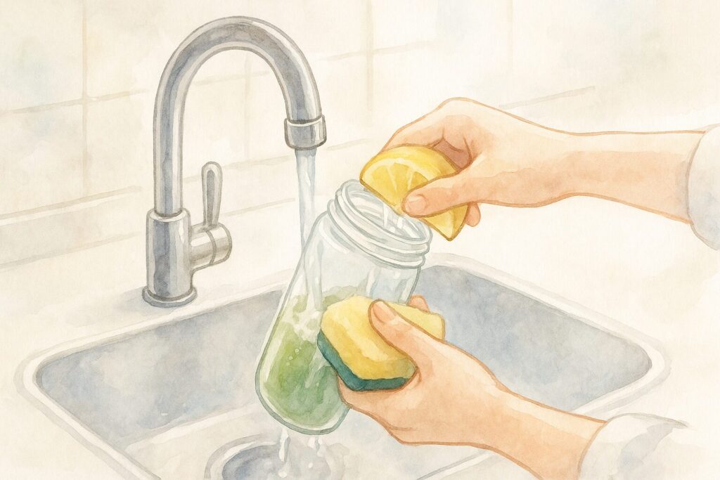 清潔なキッチンシンクで、広口で洗いやすいスムージーボトルを手洗いしている様子の水彩画風イラストで手軽さを表現。