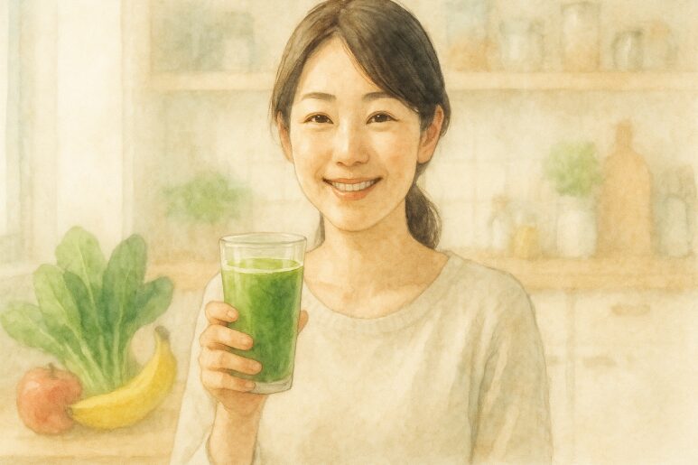 2美味しそうな小松菜りんごバナナスムージーを手に満足げな様子の日本人女性。