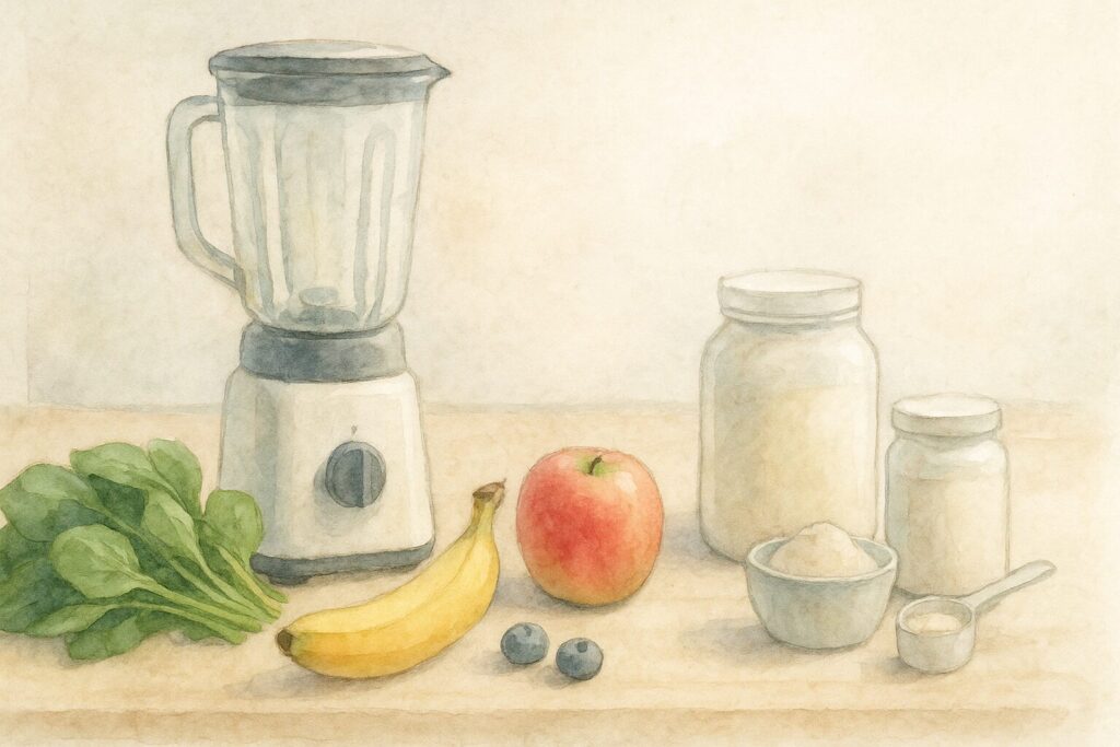 プロテインスムージー作りの準備。ブレンダー、果物、野菜が並ぶキッチン