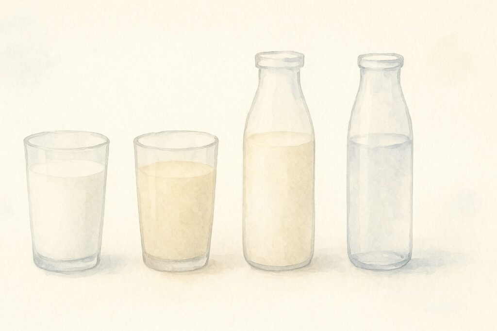 プロテインを割る飲み物の比較。牛乳、豆乳、アーモンドミルク、水