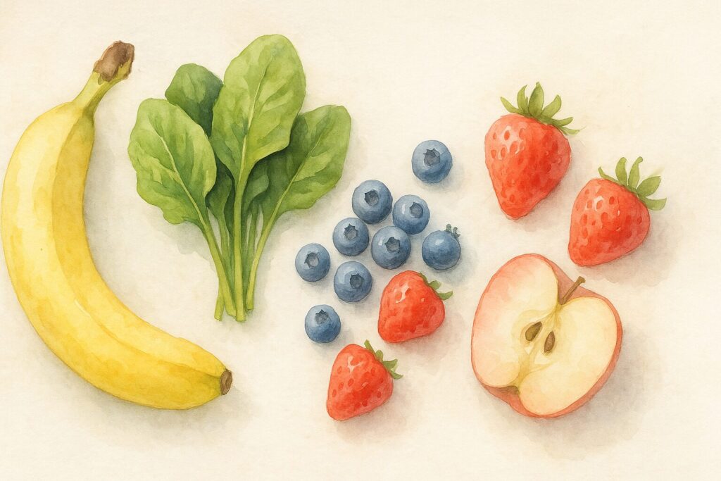 スムージーの定番材料。バナナ、ほうれん草、ベリー類