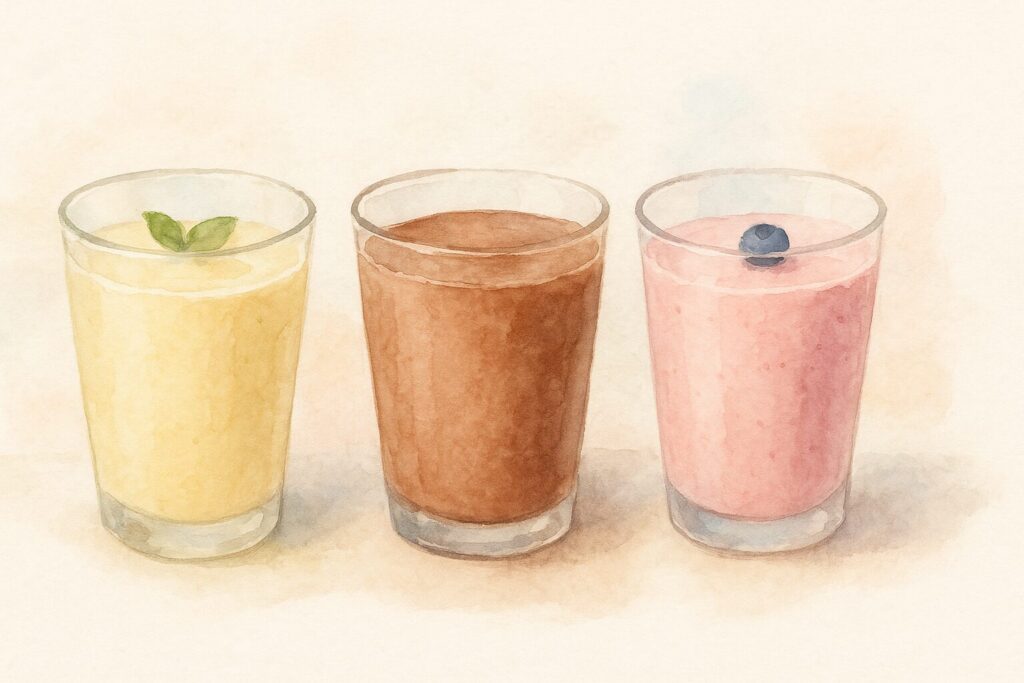 プロテインスムージーのレシピバリエーション。3色（バナナ、チョコ、ベリー）のスムージー
