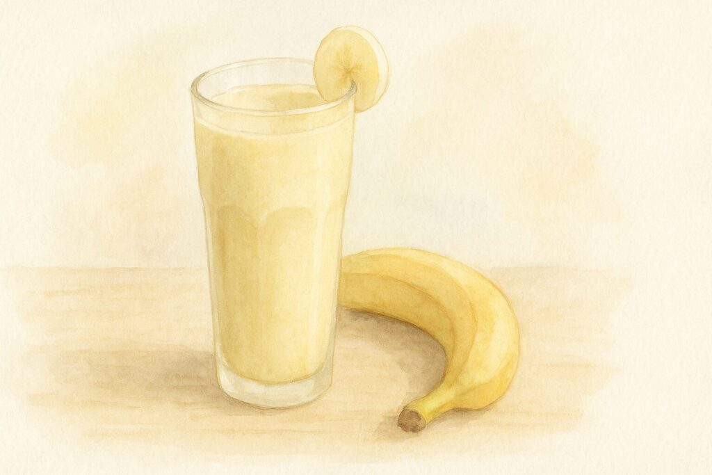 王道のバナナスムージー。グラスとバナナが描かれた水彩画風イラスト。