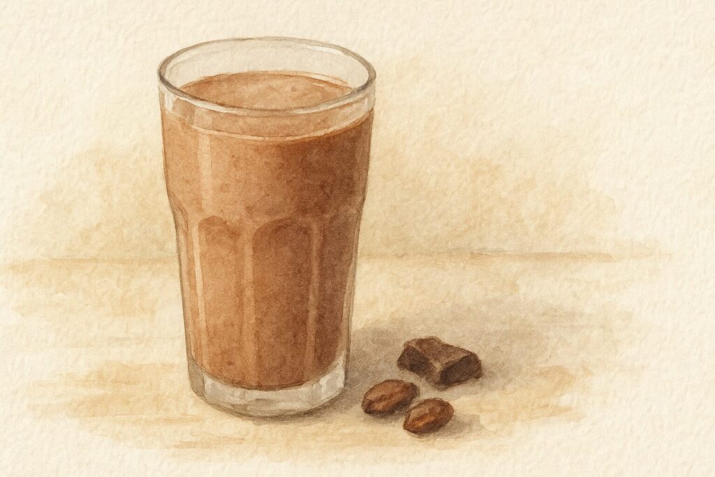 濃厚そうなチョコスムージー。グラスとカカオ豆が描かれた水彩画風イラスト。