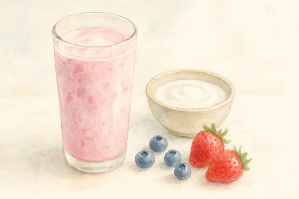 ヨーグルトとベリーのさっぱりしたスムージー（水彩画風イラスト）。