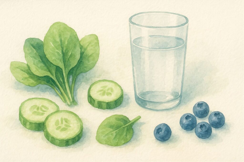 カロリーを抑えるための材料選び。葉野菜やベリー類の水彩画風イラスト。