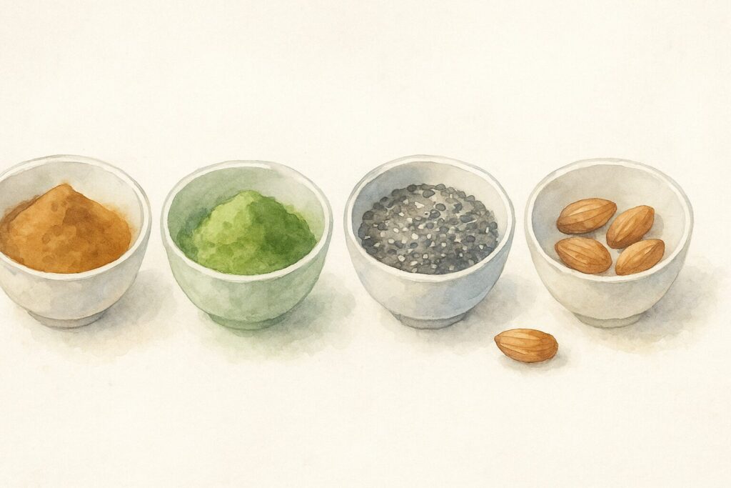 スムージーを飽きずに続けるアレンジ。スパイスやナッツの水彩画風イラスト。