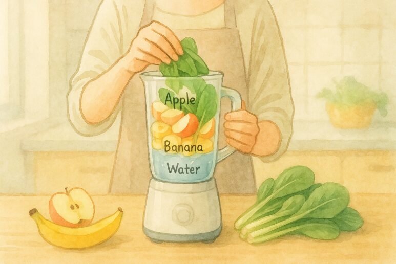 4スムージーを作るため、水、バナナ、りんご、小松菜の順でミキサーに材料を入れる様子。