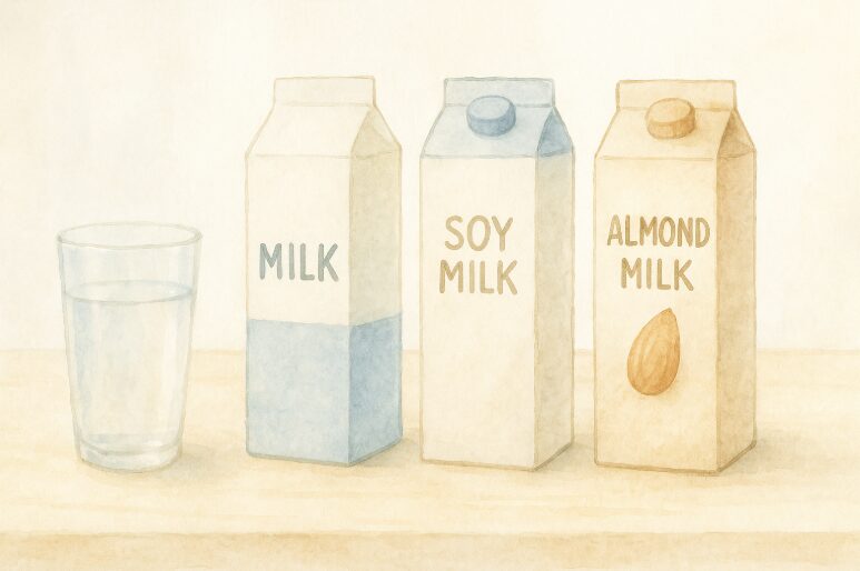 5スムージーのベースとして使える水、牛乳、豆乳、アーモンドミルクが並ぶ様子。