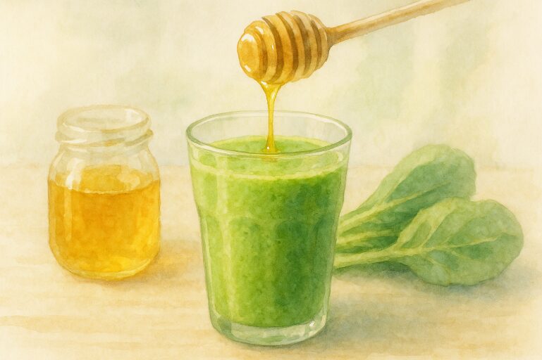 6出来上がったスムージーのグラスに、はちみつディッパーではちみつをゆっくりと加えている様子。