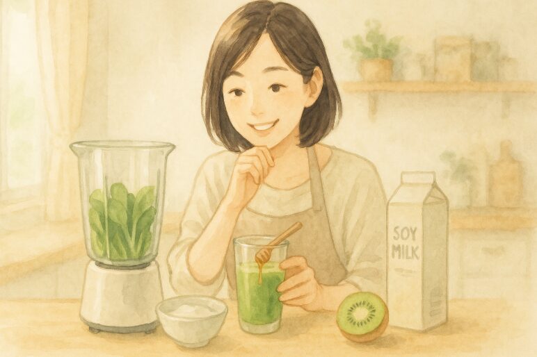 7ヨーグルトやキウイなど、スムージーのアレンジ材料を見て楽しそうな日本人女性。