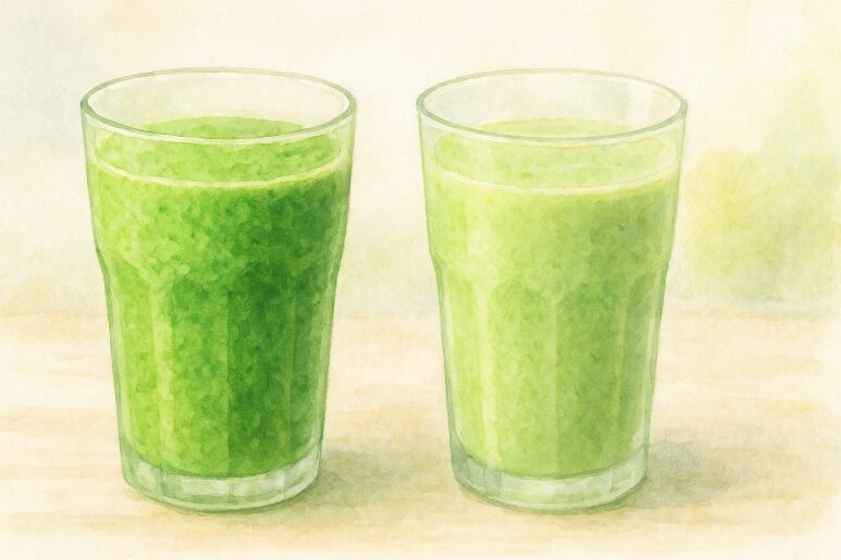 8ヨーグルトベースと豆乳ベースの2種類のスムージーがグラスに注がれている様子。