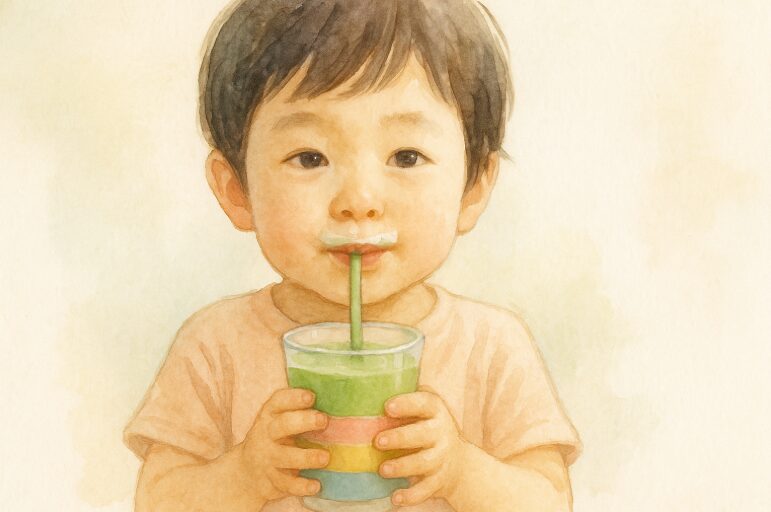 9牛乳を加えたスムージーを、少し口元を汚しながら美味しそうに飲む日本人幼児の姿。