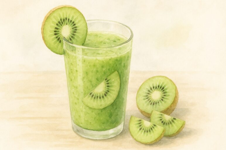 キウイのスライスが添えられた、酸味がプラスされた小松菜りんごバナナスムージー。