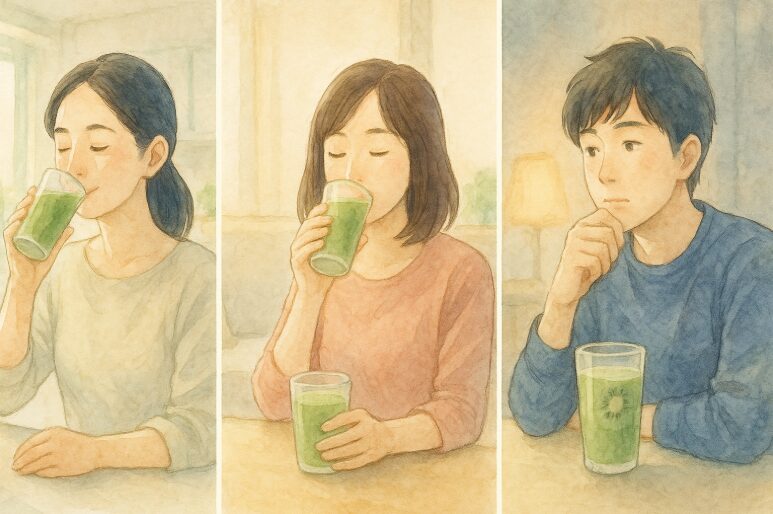 朝食時、午後のおやつ時、夕食時という異なる時間帯にスムージーを飲む人々の様子。