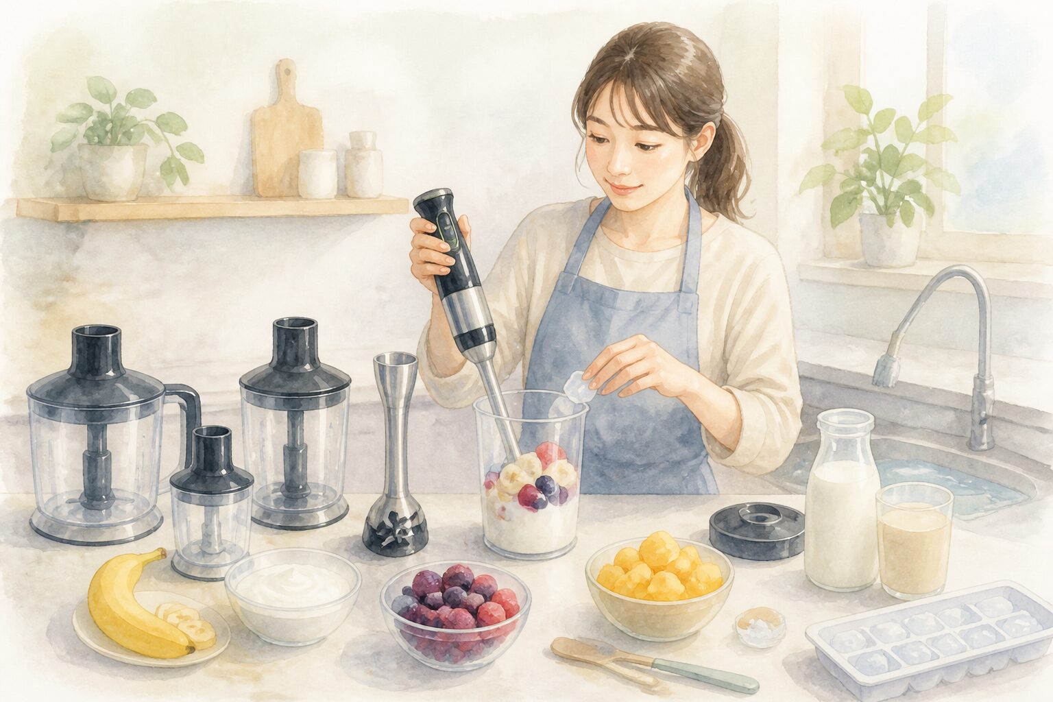 スムージー作りの材料とブレンダーが並ぶキッチンの準備