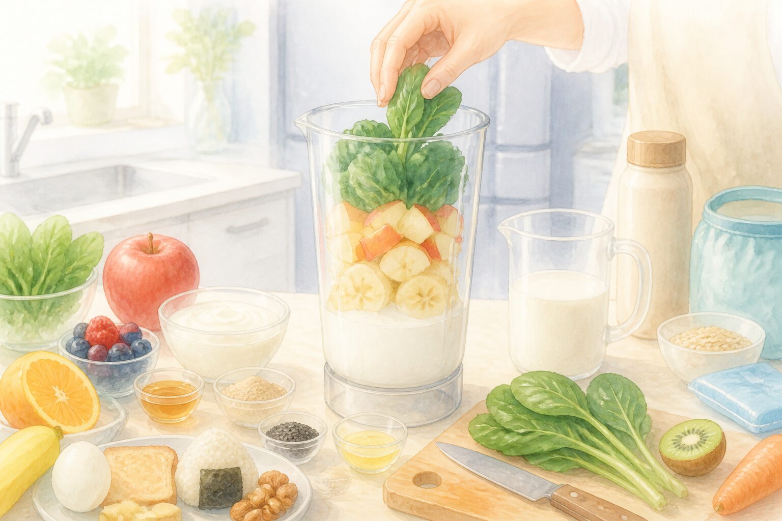 ミキサーに入れる順番の手元と食材