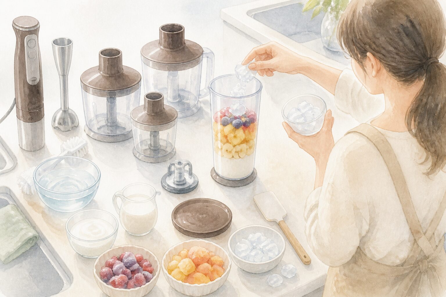 ビーカーに材料を順番に入れる俯瞰の手順写真