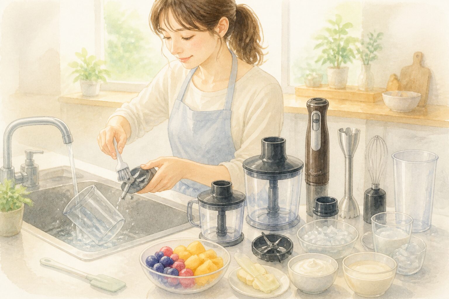 ぬるま湯でのすすぎとブラシでの洗浄を示す手元写真