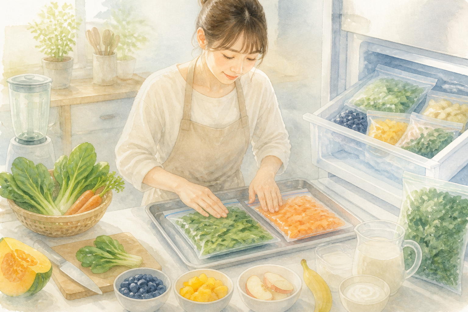 1回分ずつ分けた野菜を平らにして冷凍する様子